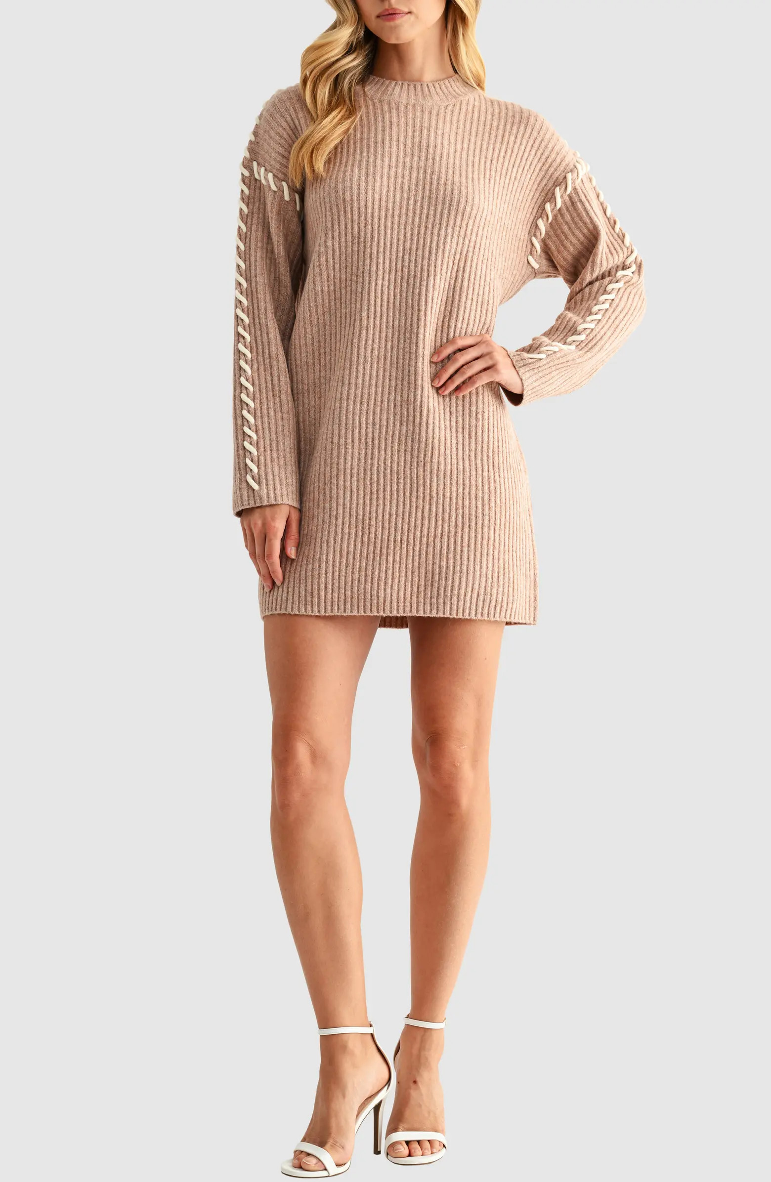 Contrast Whipstitch Long Sleeve Mini Sweater Dress | Nordstrom