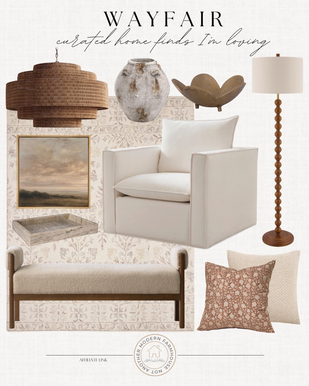 Wayfair home finds include bench, area rug, throw pillows, floor lamp, accent chair, decorative bowl, marble tray, wall art, vase, chandelier.

Home decor, looks for less, neutral home decor, home accents

#LTKHome #LTKSeasonal #LTKvlog