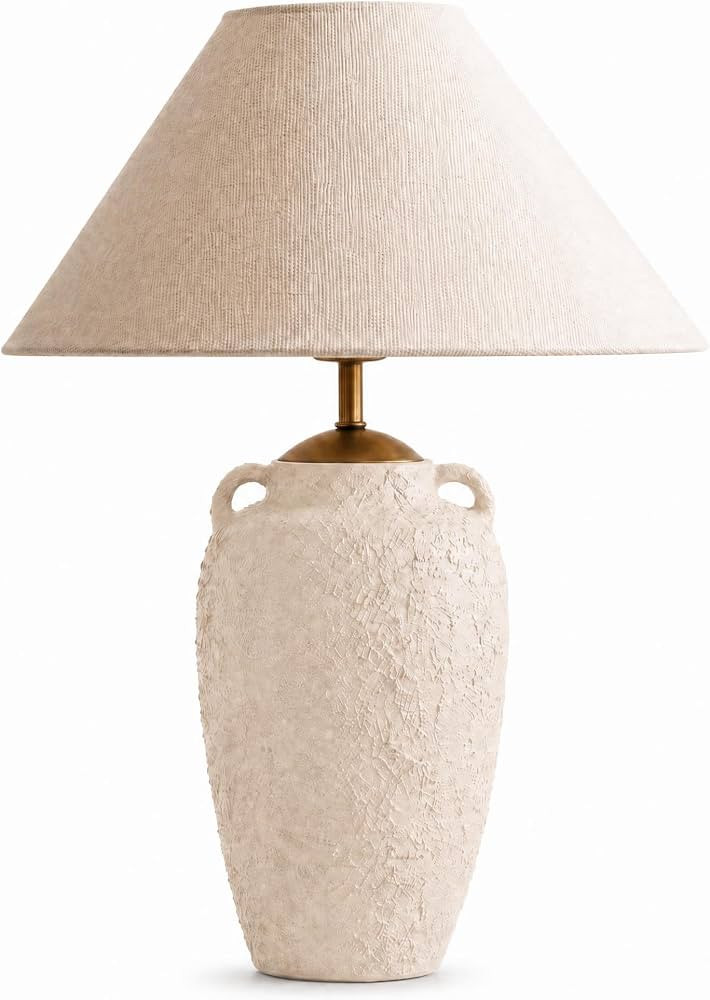 Textured Ceramic Table Lamp with Linen Shade, Rustic Bedside Lamp, Beige | Amazon (US)
