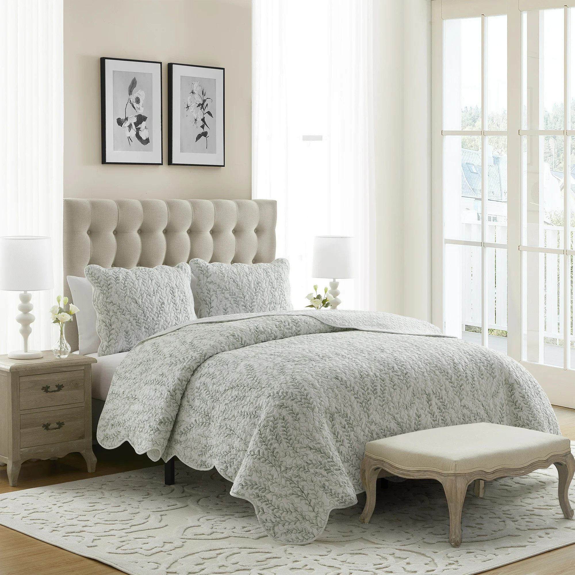 My Texas House Flora 3-Piece Green Botanical Scalloped Edge Cotton Quilt Set, King | Walmart (US)