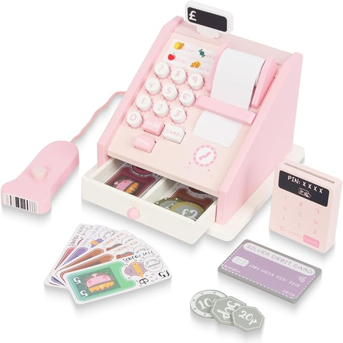 Wooden Pretend Play Calculator Cash Register, Kids Cash Register Play Money for Kids, Toys for To... | Amazon (US)