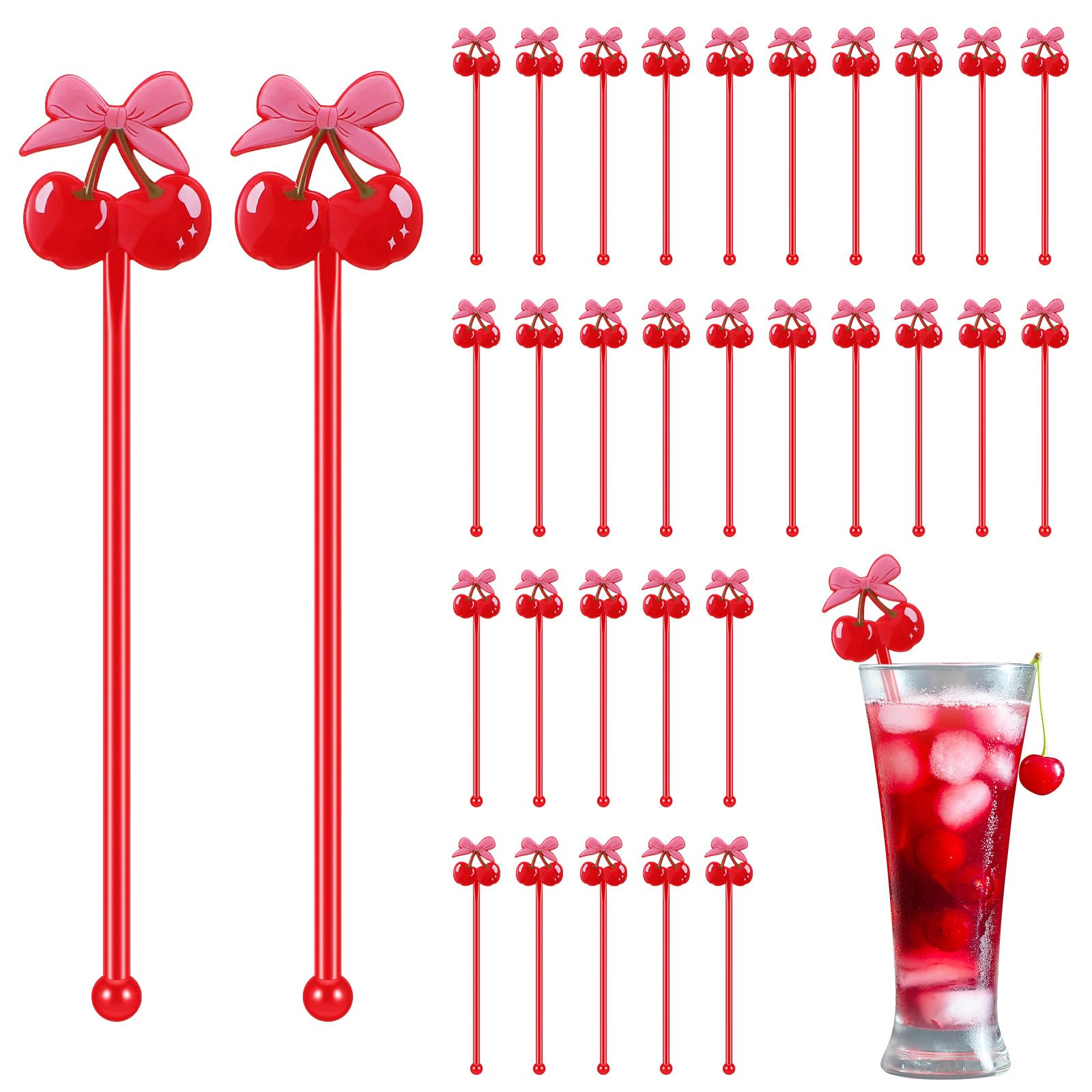 30 Pcs Cherry Bow Drink Stirrers 6 Inch Pink Red Coquette Bow Swizzle Sticks Plastic Preppy Coffe... | Amazon (US)