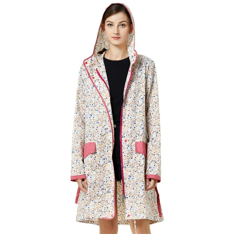Luwomo Rain Jackets for Womens Floral Print Belted Waist Lightweight Long Sleeve Zipper Long Coat... | Walmart (US)