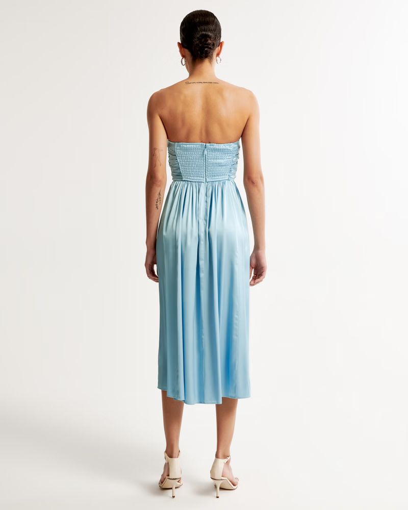 Satin Emerson Ruched Strapless Midi Dress | Abercrombie & Fitch (US)