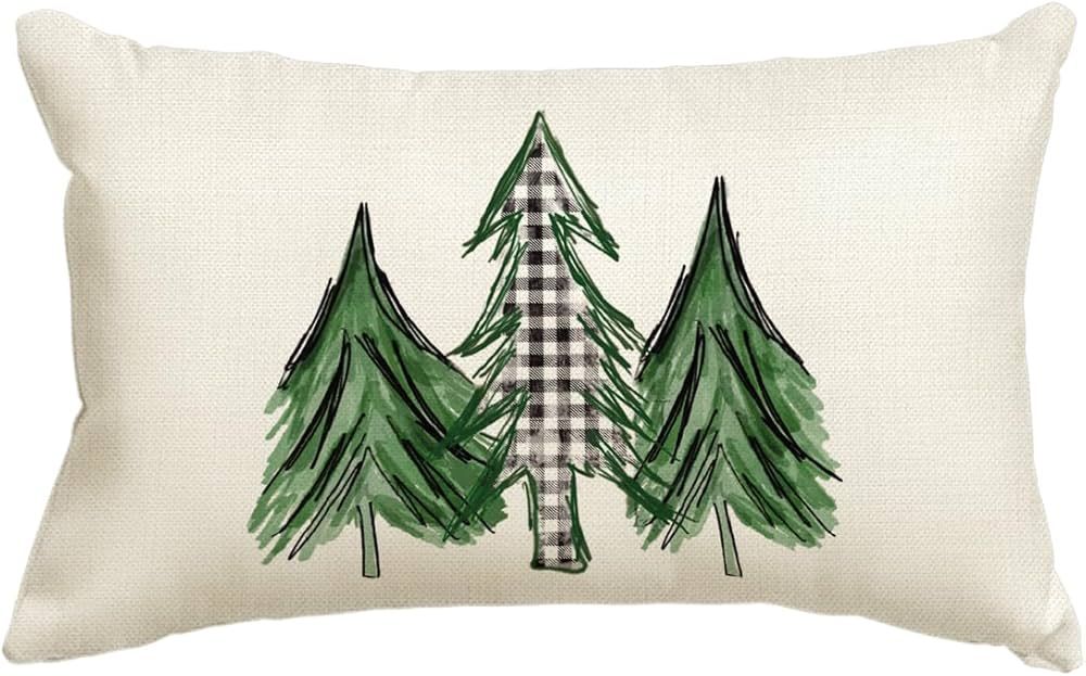 AVOIN Watercolor Christmas Tree Throw Pillow Cover, 12 x 20 Inch Holiday Buffalo Plaid Cushion Ca... | Amazon (US)