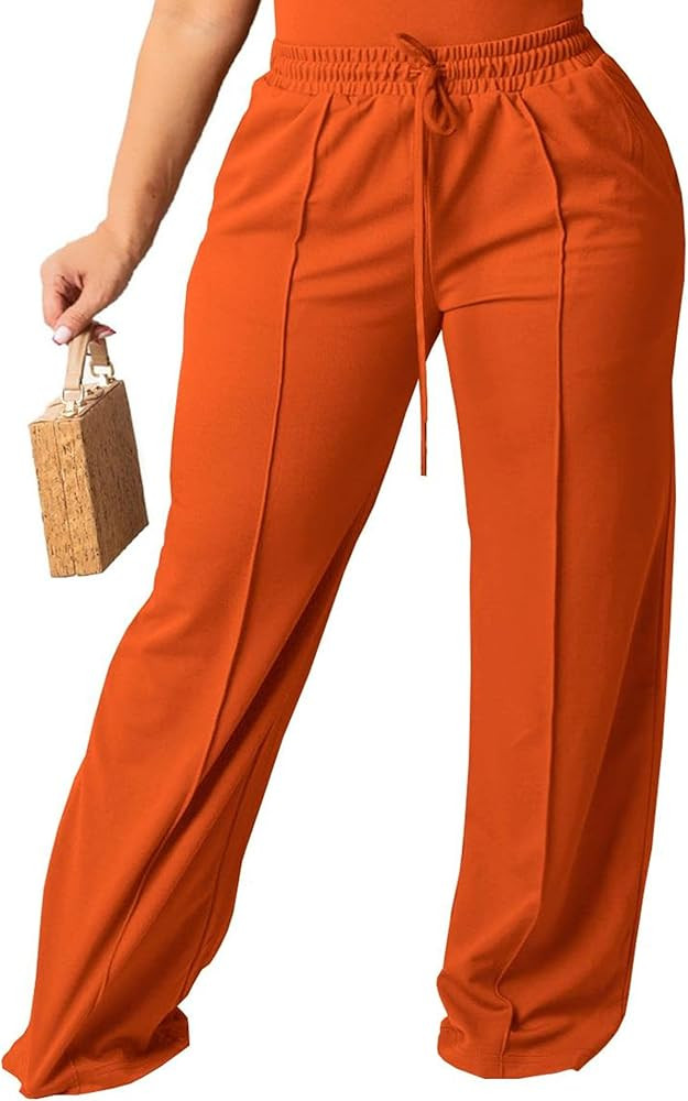 Women's Plus Size Casual Wide Leg Pants High Waisted Drawstring Baggy Sweatpants Elastic Straight... | Amazon (US)