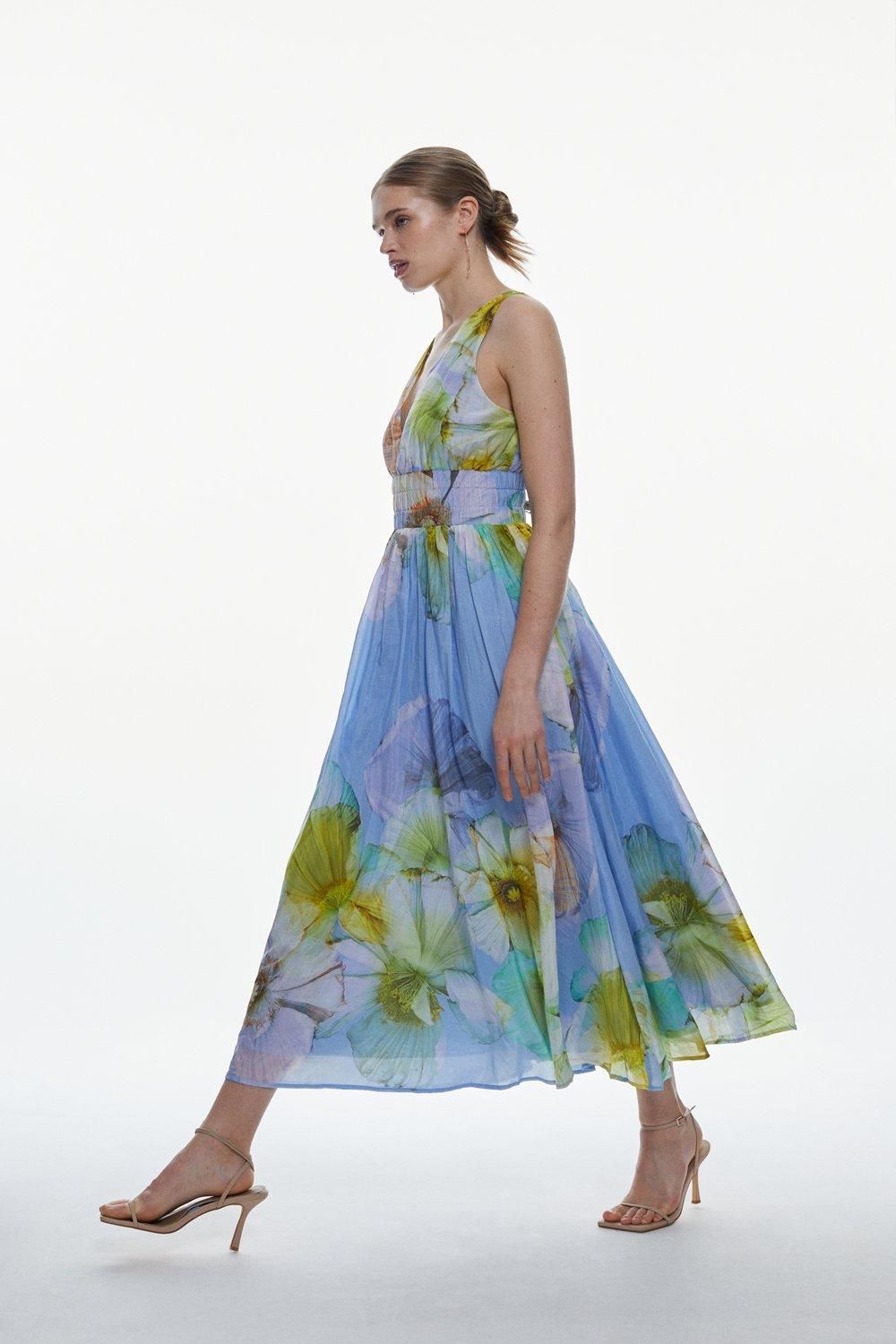 Photographic Floral Sleeveless Silk Cotton Midi Dress | Karen Millen US