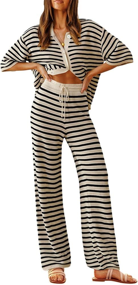 Tankaneo Womens Knit 2 Piece Lounge Sets Striped Short Sleeve Tops and Wide Leg Pants Travel Airp... | Amazon (US)