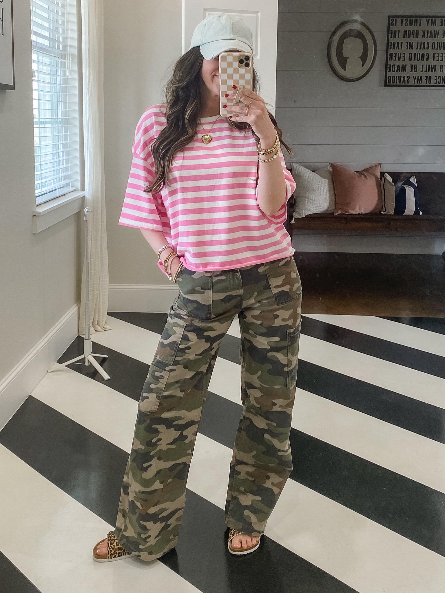 camo cargo pants fall outfit! 
Camo pants: tts; wearing xs
Striped tee: tts: wearing small (cut off bottom) 
leopard sandals: ttss

#LTKStyleTip #LTKFindsUnder50 #LTKSeasonal