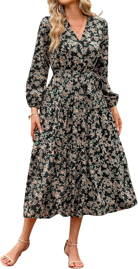 R.Vivimos Women's Fall Long Sleeve Casual Dresses Wrap V Neck Tiered Ruffle Flowy Midi Dress with... | Amazon (US)