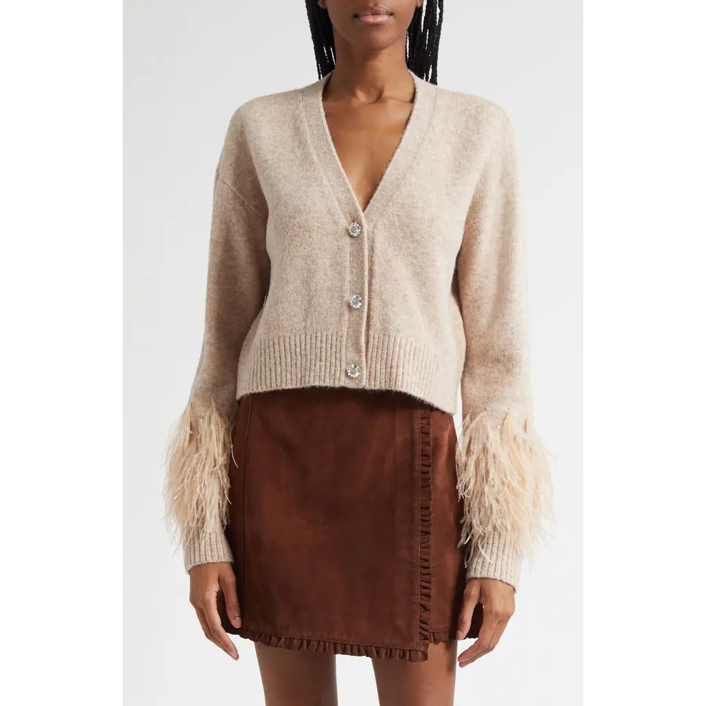Cinq à Sept Briana Feather Trim Cardigan in Oatmeal at Nordstrom, Size Large | Nordstrom