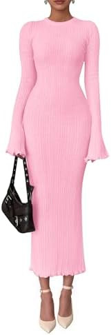 PRETTYGARDEN Sweater Dresses for Women 2026 Fall Bell Long Sleeve Crew Neck Bodycon Maxi Dress Wi... | Amazon (US)