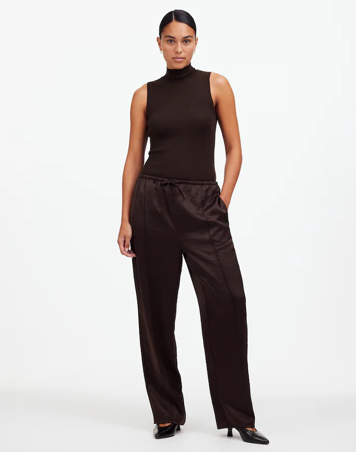Petite Pintucked Slim Pull-On Pants in Satin | Madewell