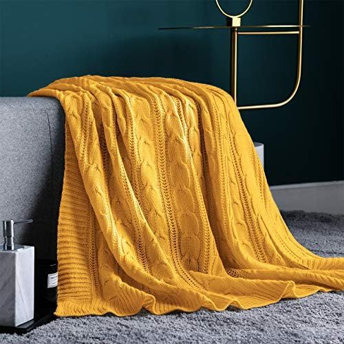 jinchan Throw Blanket Mustard Yellow Lightweight Cable Knit Sweater Style Year Round Gift Indoor ... | Amazon (US)