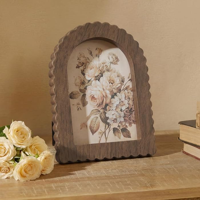 4x6 Inch Scalloped Walnut Color Picture Frame Vintage Wavy Arch Edge Wooden Real Glass Photo Fram... | Amazon (US)