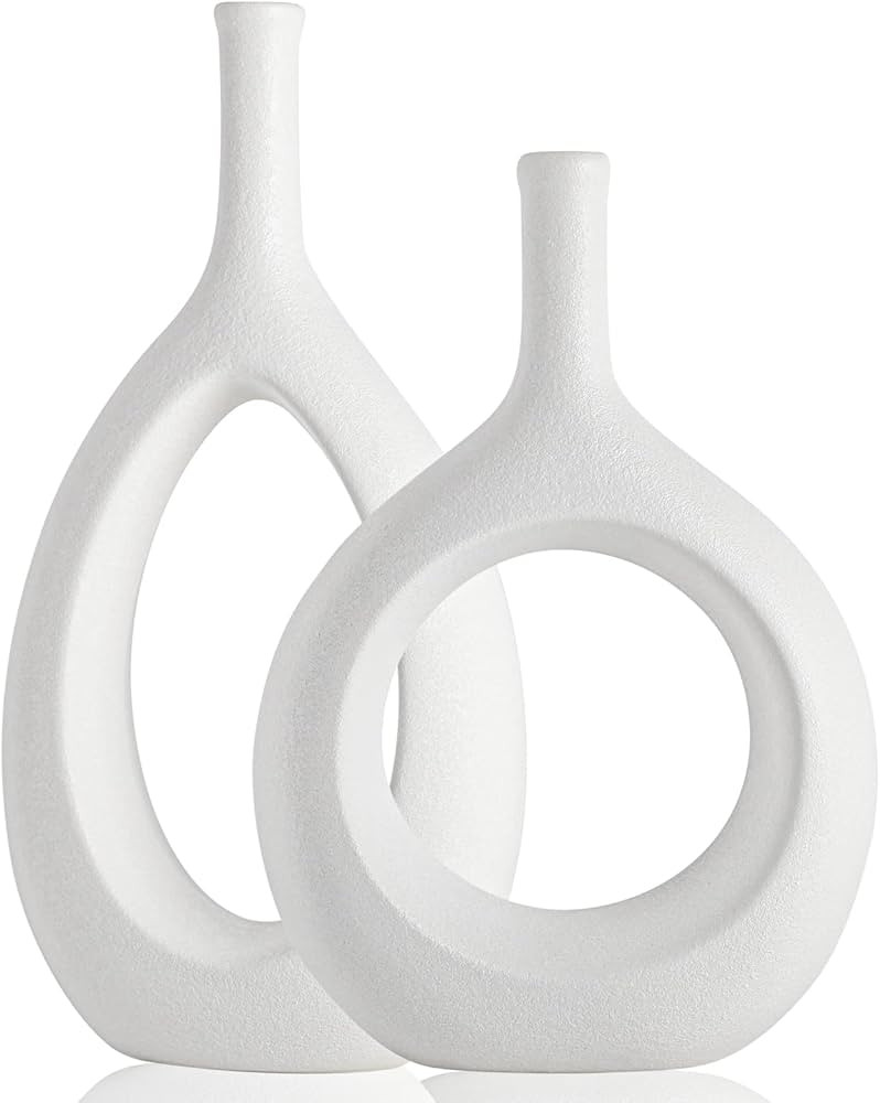 White Ceramic Hollow Elliptical Vase Set of 2 - Boho Circle Vase with Hole, for Modern White Tabl... | Amazon (US)