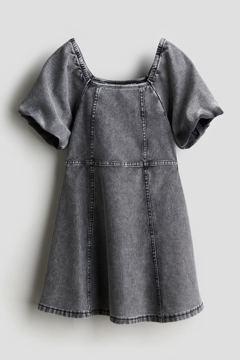Puff-sleeved Dress - Square Neckline - Short sleeve - Denim gray - Kids | H&M US | H&M (US + CA)