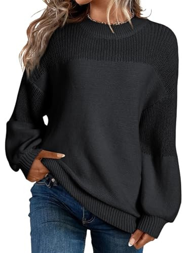 Dokotoo Womens Fall Sweaters Casual Long Sleeve Crewneck Knit Sweaters for Women Loose Fit Solid Color Trendy Pullover Sweater Jumper Tops Black Large | Amazon (US)