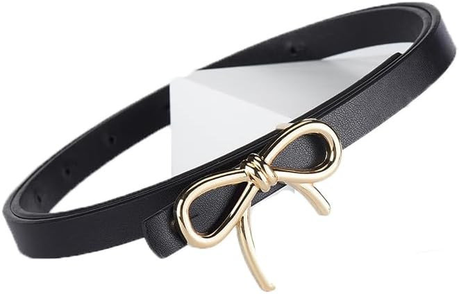 Women's Skinny Leather Belt with Gold Bow Knot Buckle for Dresses, Jeans, Pants | Amazon (US)