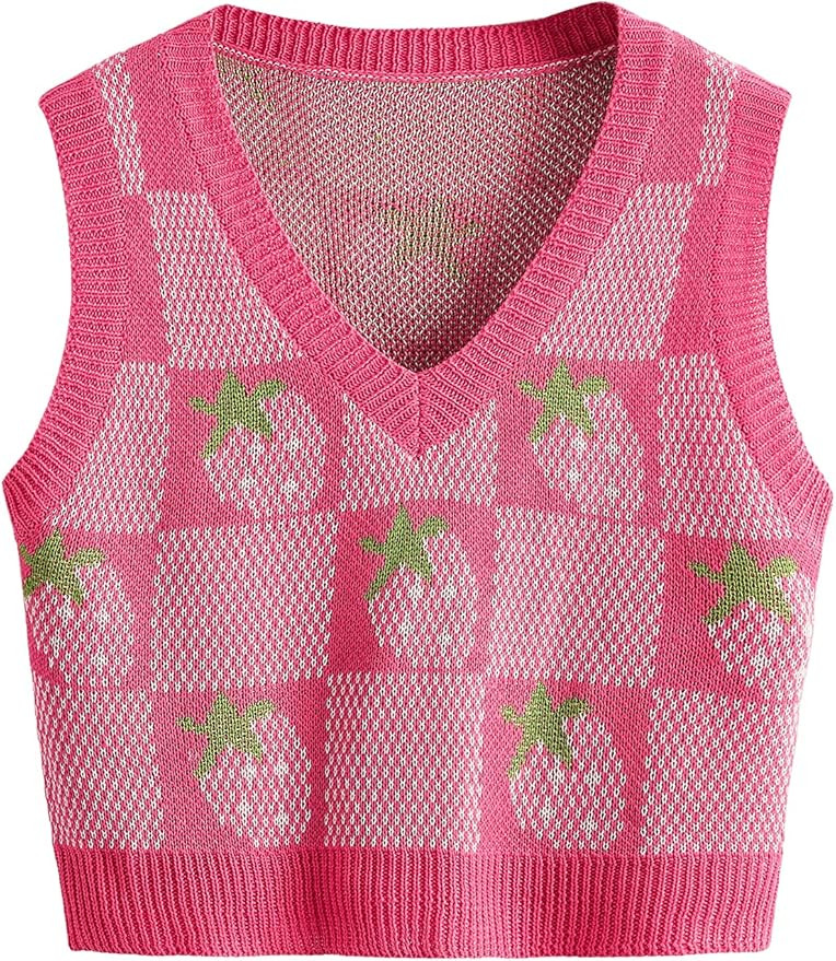 Floerns Women's Sleeveless Round Neck Cute Strawberry Sweater Vest Crop Shirt Top | Amazon (US)
