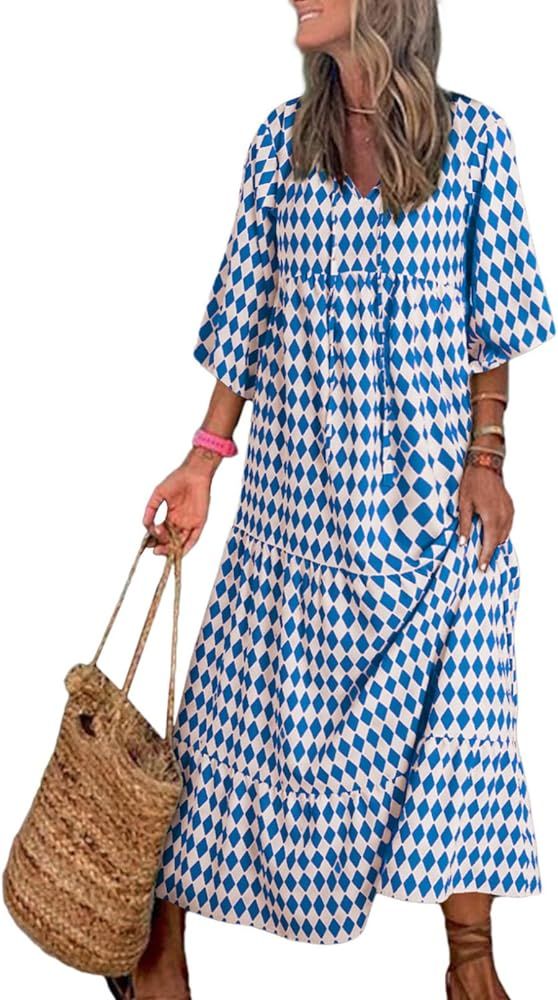 Dokotoo Women Boho Maxi Dresses 2024 V Neck Long Puff Sleeve Smocked Ruffle Flowy Casual Dress | Amazon (US)