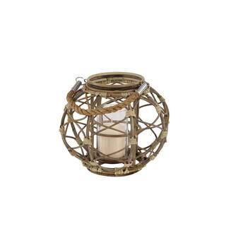 LITTON LANE Round Brown Woven Rattan Lantern Candle with Burlap Jute Rope Handle and Glass Insert... | The Home Depot