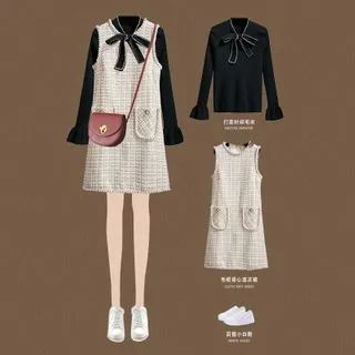 HOPP - Set: Bow Accent Long-Sleeve Knit Top + Pocket Detail Tweed Jumper Dress | YesStyle Global