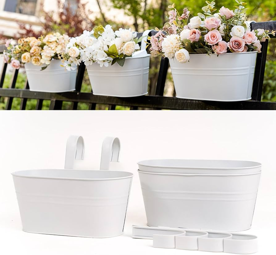 3 Pack Metal Hanging Flower Pots for Railing Fence，Outdoor Balcony Rail Planter with Detachable... | Amazon (US)