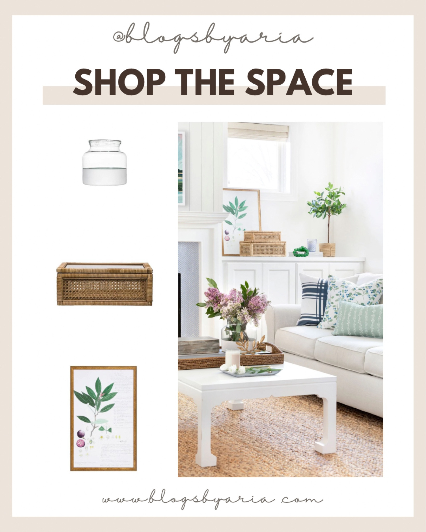 Spring living room. Home decor. White coffee table, woven stacked boxes, purple lilac stems, white dipped glass vase 

#LTKhome #LTKSeasonal #LTKFind