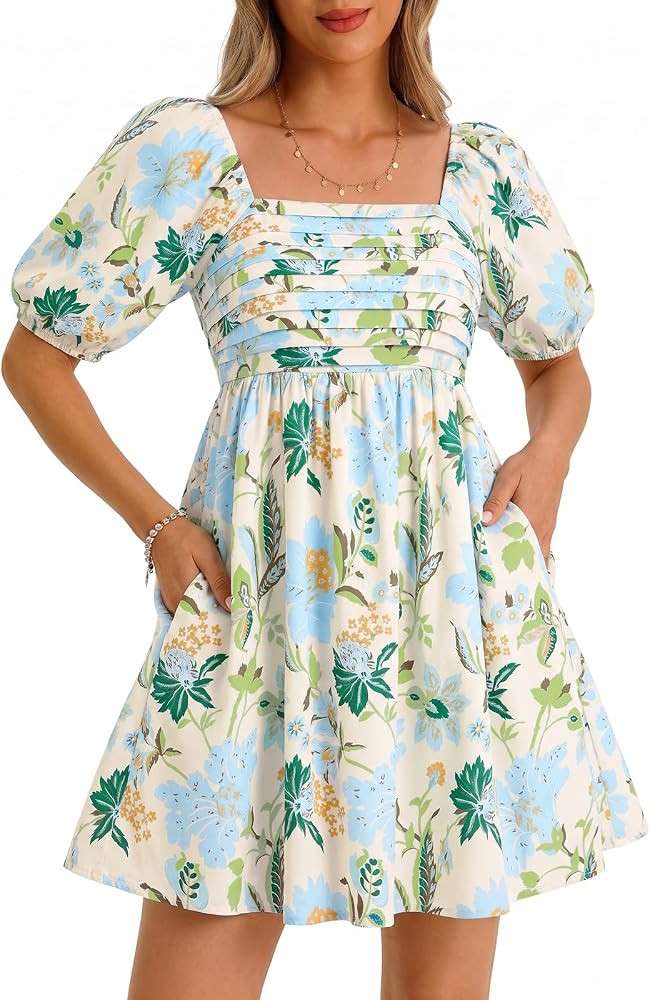 Wenrine Womens Summer Square Neck Mini Dresses Casual Floral Puff Short Sleeve Smocked High Waist... | Amazon (US)