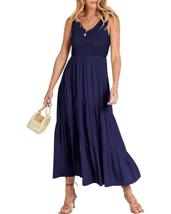 ANRABESS Women's Summer Casual Sleeveless V Neck Smocked Boho Asymmetric Tiered Beach Long Dress ... | Amazon (US)