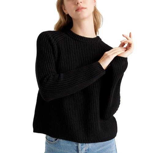 Hixiaohe Women's Sweater 2025 Fall Fisherman Knit Pullover Cascual Solid Color Crewneck Long Sleeve Sweater Top(Black,M) | Amazon (US)