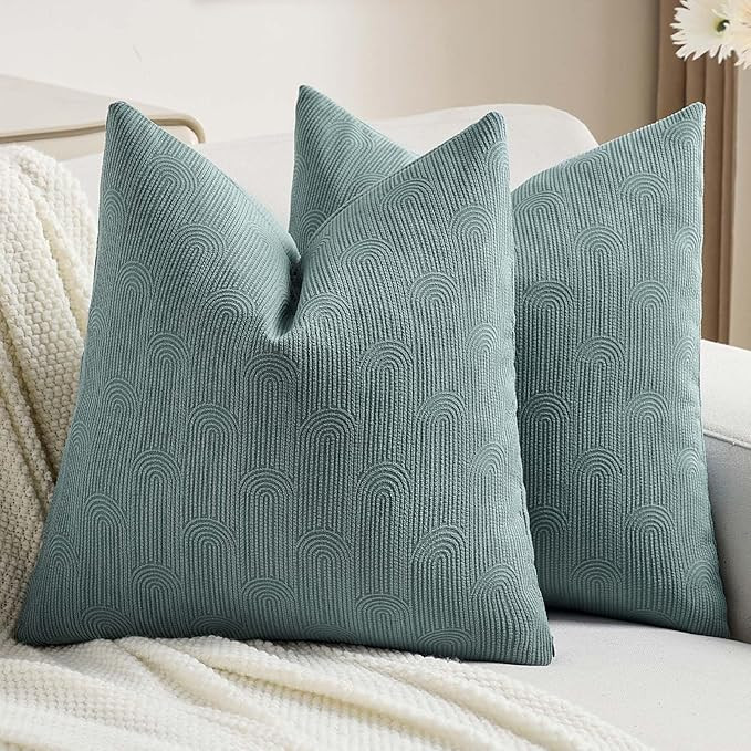 FUTEI Haze Blue Chenille Decorative Throw Pillow Covers 18x18 Inch Set of 2,Soft Cozy Striped Geo... | Amazon (US)