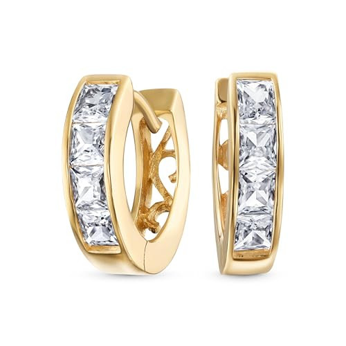 Bling Jewelry Tiny Small Square Princess Cut CZ Channel Set K-pop Huggie Hoop Earrings For Women Men Clear Cubic Zirconia Yellow 14K Gold Plated .925 Sterling Silver | Amazon (US)