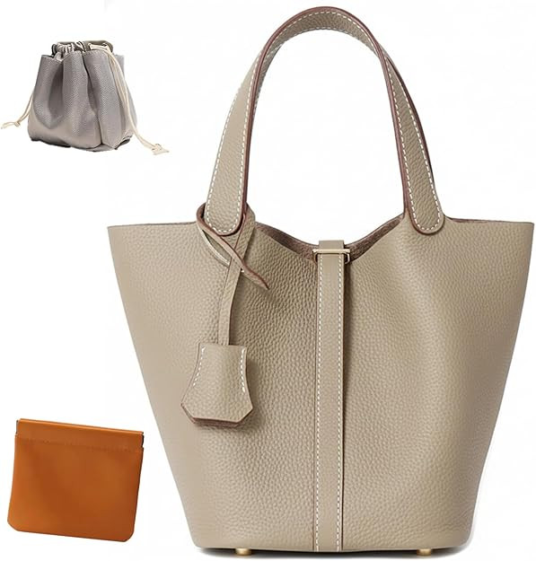 Genuine Leather Lock Design Bucket Bag Vegetable Basket, Fashionable and Versatile Satchel Handba... | Amazon (US)