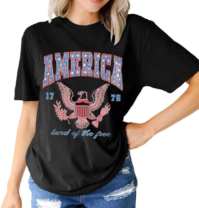 Patriotic Shirts for Women, Summer Loose Fit Short Sleeve T-Shirt, Casual Crewneck USA Graphic Te... | Amazon (US)