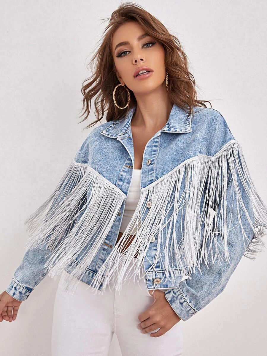 HomeWomen ClothingWomen DenimWomen Denim Jackets & CoatsDrop Shoulder Fringe Trim Denim Jacket | SHEIN
