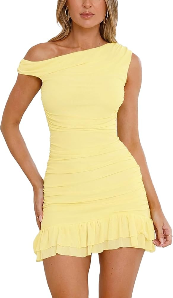 Womens Off The Shoulder Bodycon Summer Mini Dresses Sleeveless Ruched Mesh Ruffle Hem Club Party ... | Amazon (US)