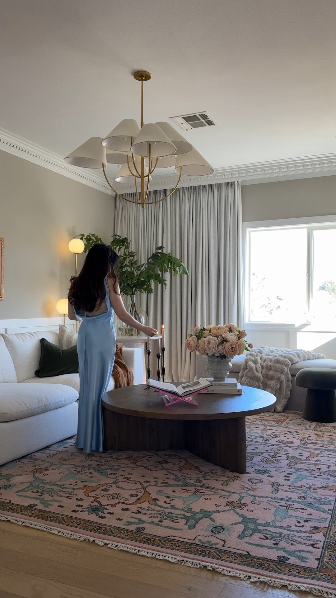Pink rug, blue dress, sofa, bench, coffee table 

#LTKdayinmylife #LTKHome #LTKmomlife