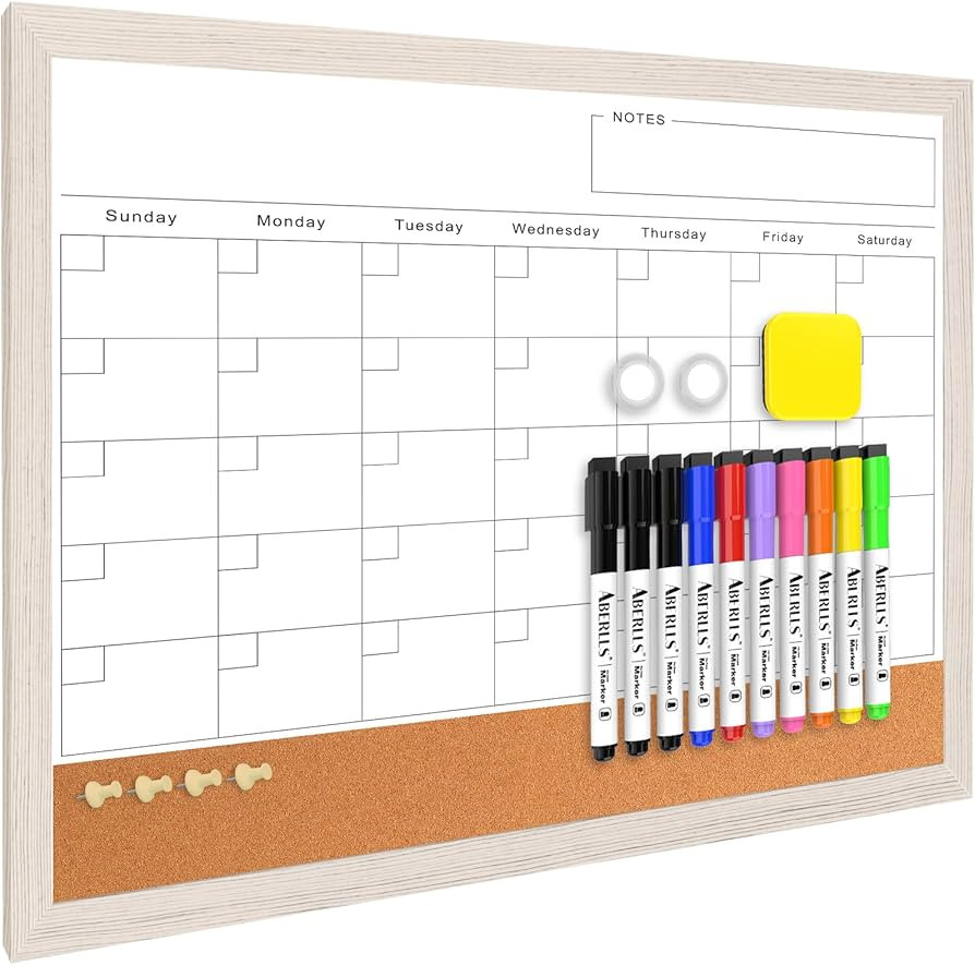 Monthly Whiteboard Calendar & Corkboard for Wall, Magnetic 17"x13" Dry Erase Board with White Woo... | Amazon (US)