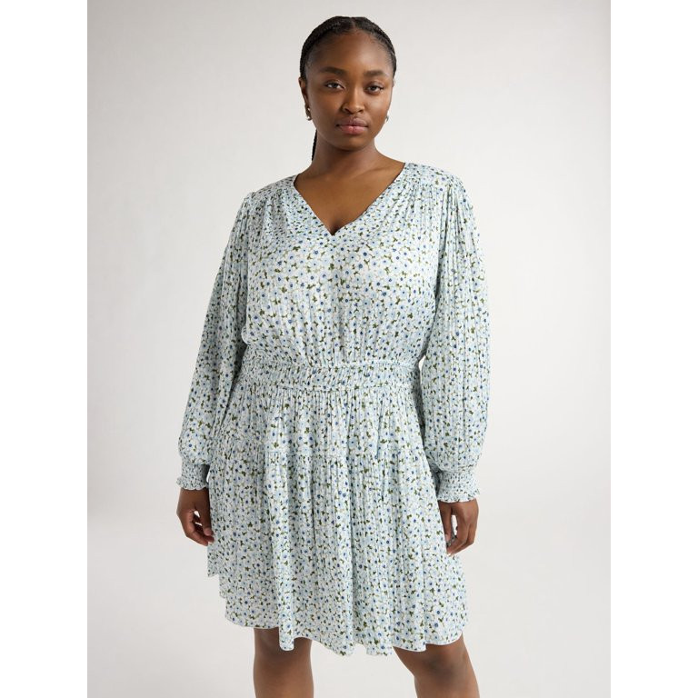 Scoop Women's and Women's Plus Crinkle Satin V-Neck Shirred Mini Dress with Long Sleeves, Sizes X... | Walmart (US)