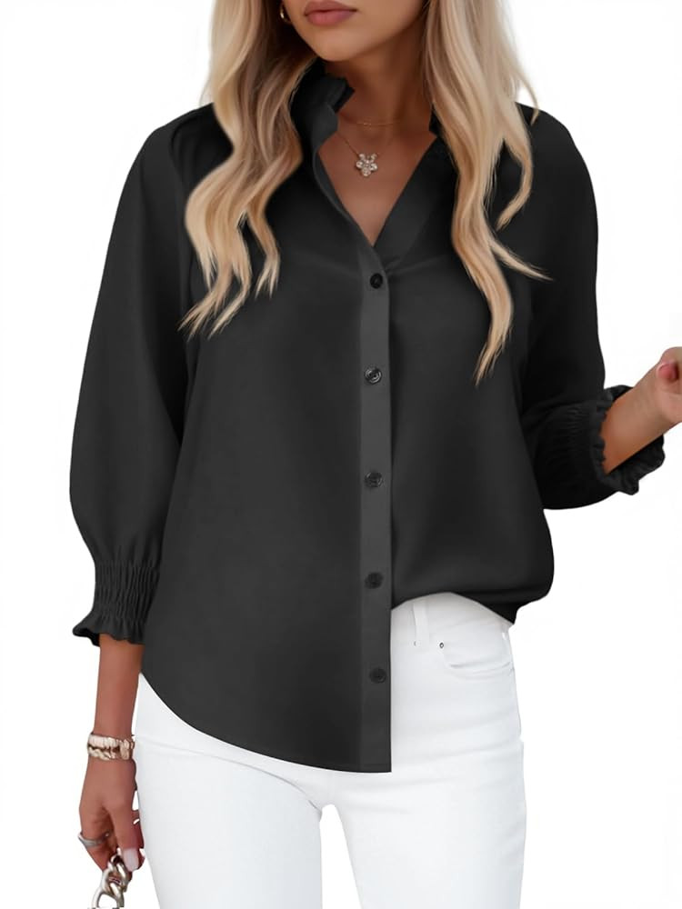 Cicy Bell Womens Button Down Shirts 3/4 Smocked Sleeve Blouse Dressy Casual Ruffle Neck Shirred T... | Amazon (US)