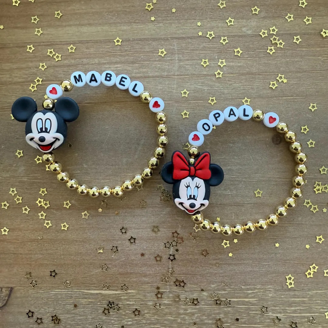Custom Mickey Mouse Bracelet: 14k Gold Plated Beaded Name Bracelet - Etsy | Etsy (US)