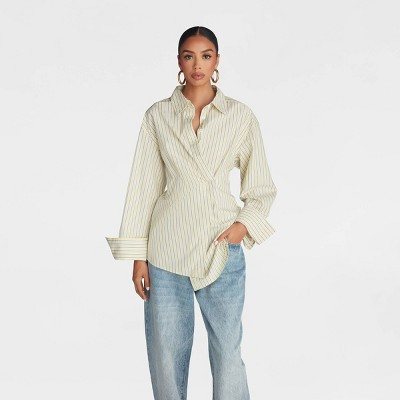 KBB by KAHLANA Women's Long Sleeve Button-Down 'The Wrap Shirt' - Yellow Striped XS | Target