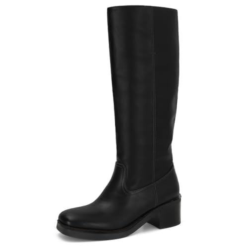 DOEYG Black Knee High Boots for Women Square Toe Riding Boots Chunky Block Heel Tall Boots Pull on Wide Calf Comfortable Motorcycle Biker Boots Size 10.5 | Amazon (US)