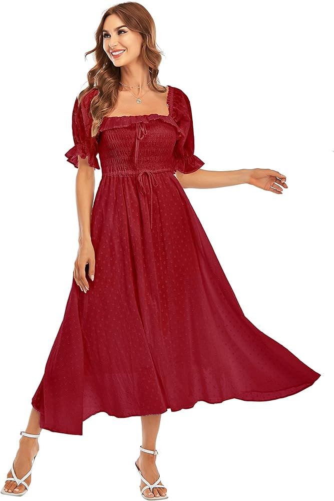 R.YIposha Women Vintage Elastic Square Neck Ruffled Half Sleeve Summer Backless Beach Flowy Maxi ... | Amazon (US)