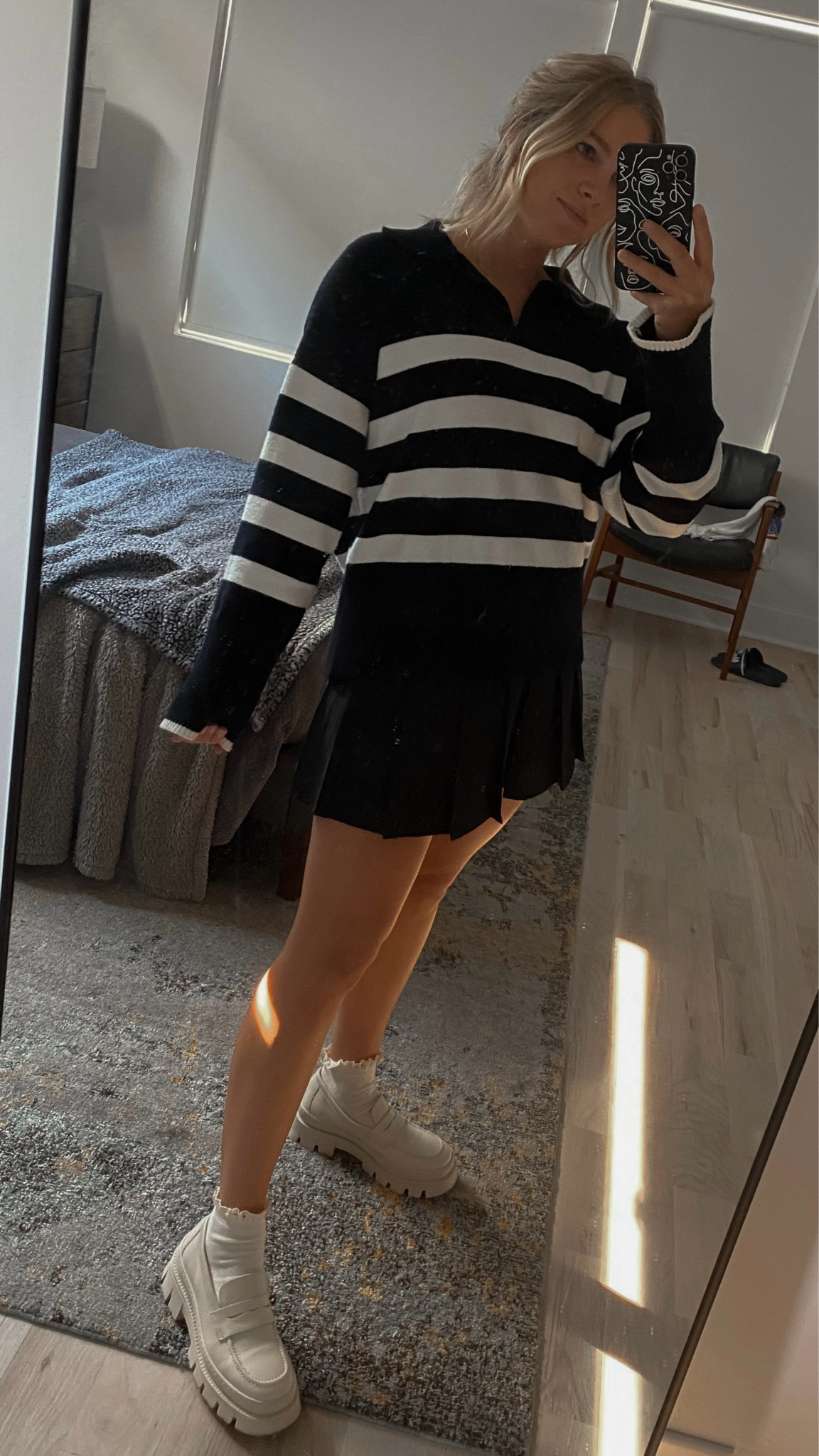 Lug sole loafers with socks, pleated skirt, and collared sweater 

#LTKFallSale #LTKStyleTip #LTKShoeCrush