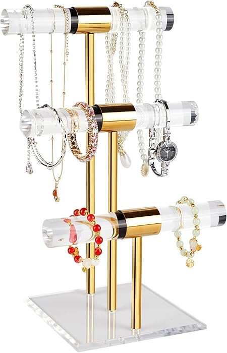 3-Tier Necklace Holder Bracelet Holder, Gold Acrylic Jewelry Display Stand Crystal T Bar Jewelry ... | Amazon (US)