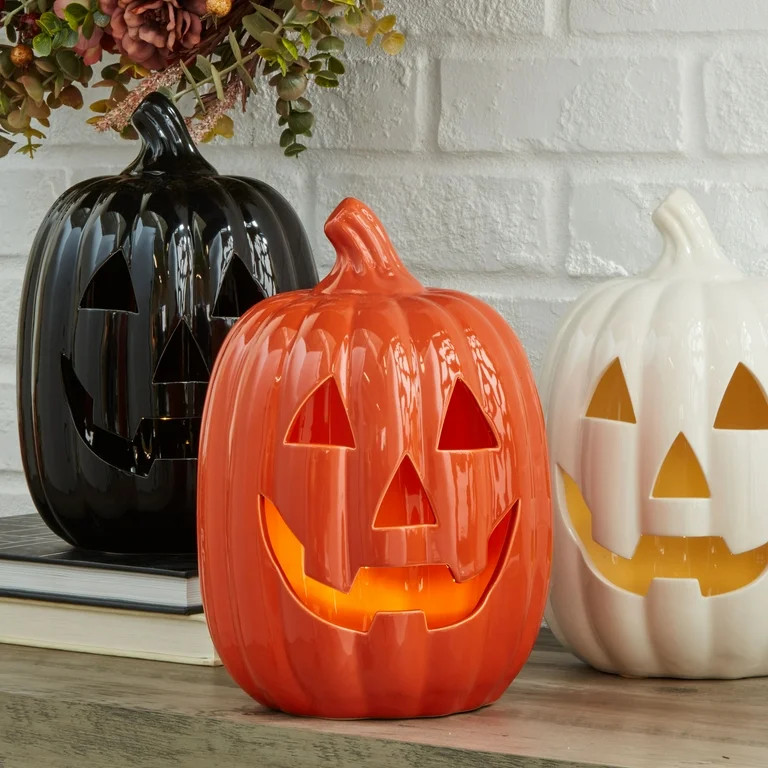 Way To Celebrate Halloween Orange Ceramic Light-Up Pumpkin Decor, 10.5" - Walmart.com | Walmart (US)