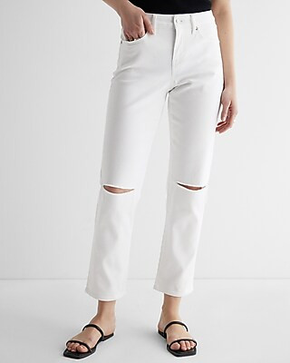 Mid Rise White Ripped Boyfriend Jeans | Express